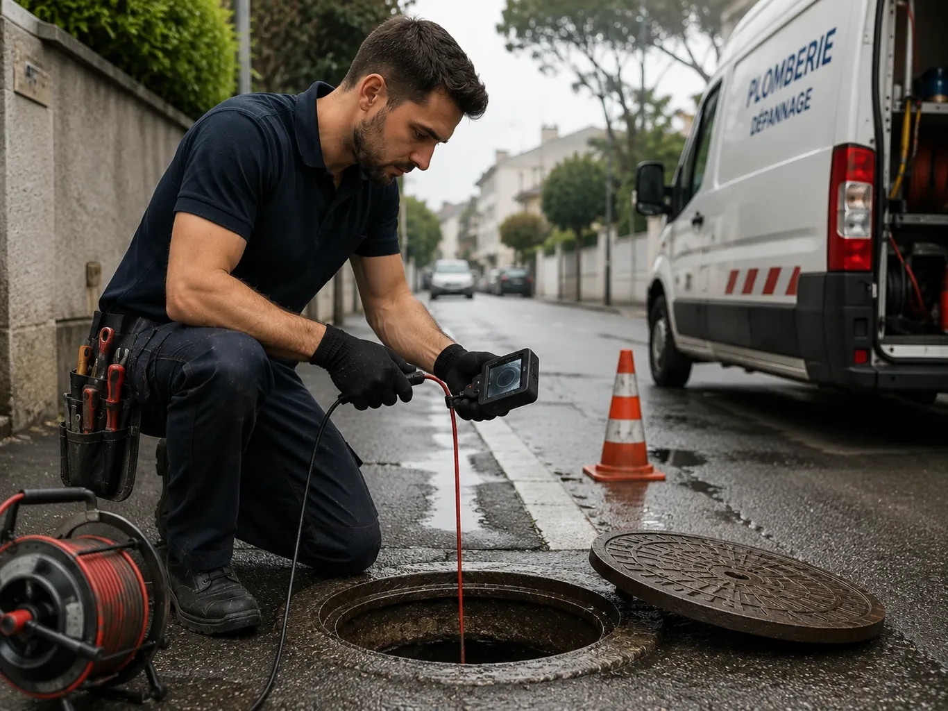 Technicien descendant une caméra d'inspection dans un regard de voirie ouvert, fourgon d'intervention à l'arrière-plan