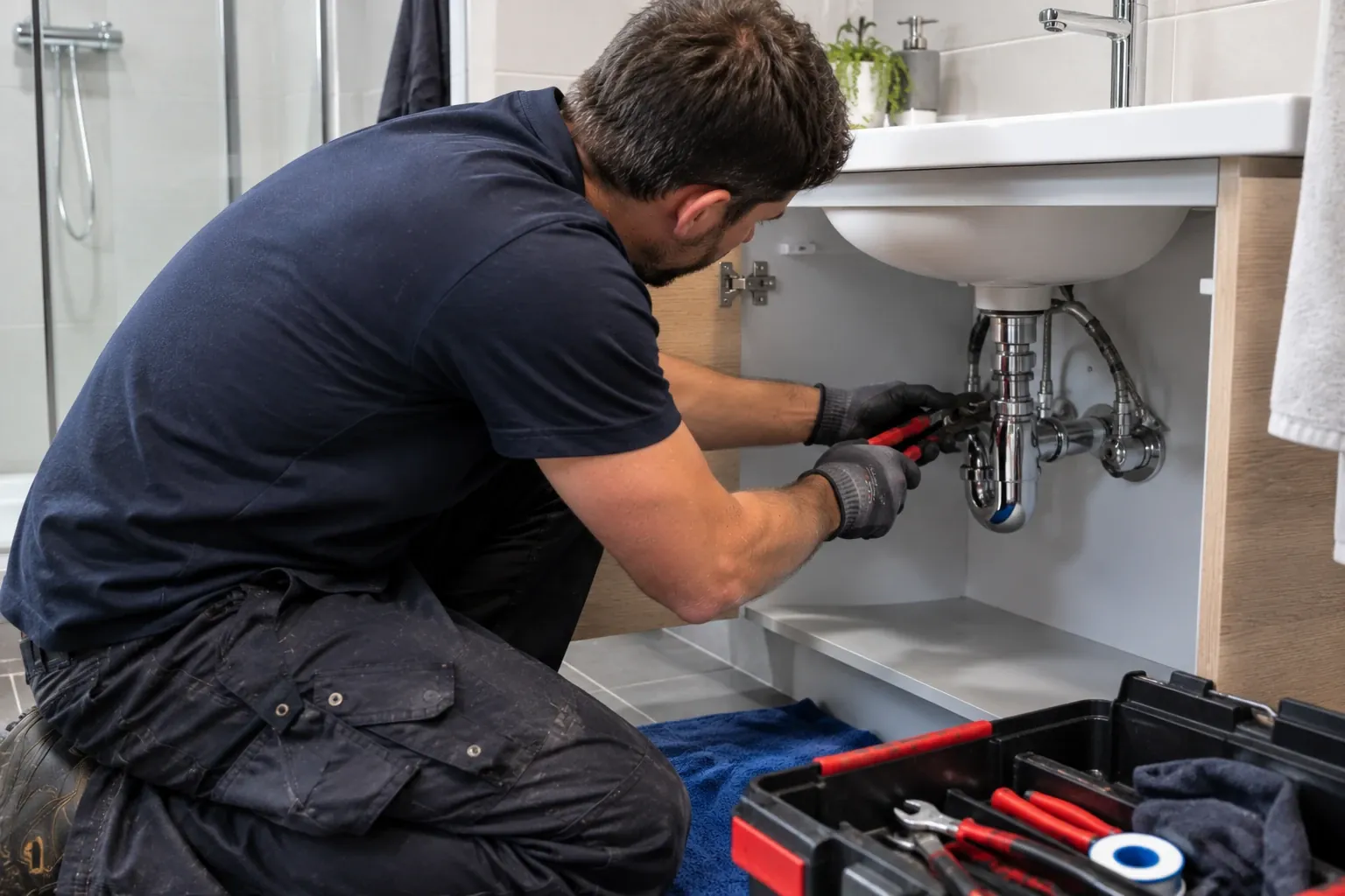 Technicien démontant à la pince le siphon chromé sous un lavabo de salle de bains