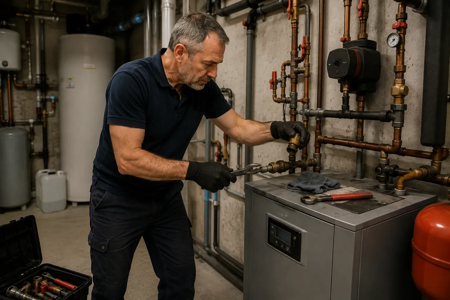 Technicien intervenant sur la tuyauterie d'un local technique d'immeuble