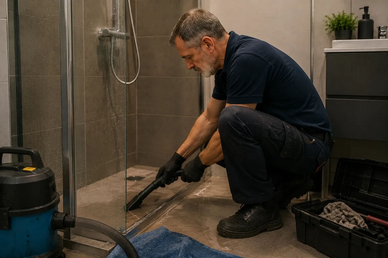 Technicien aspirant l'eau répandue au sol devant une douche après un refoulement