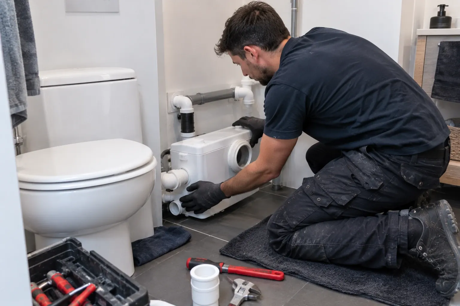 Technicien raccordant un broyeur sanitaire derrière une cuvette de WC, coudes PVC et boîte à outils au sol